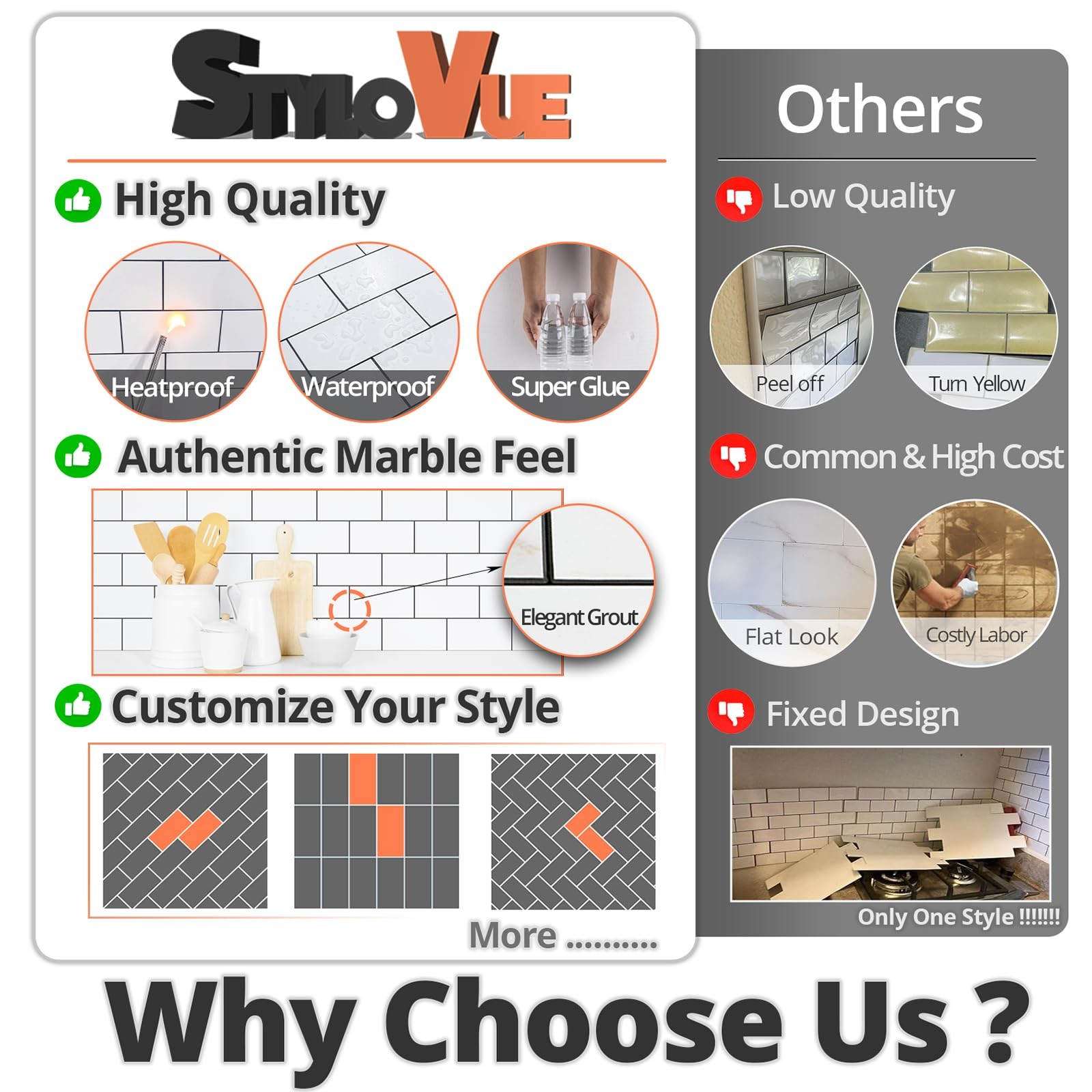 StyloVue 100 Pieces Peel and Stick Backsplash for Kitchen, 3" x 6" PVC Subway…