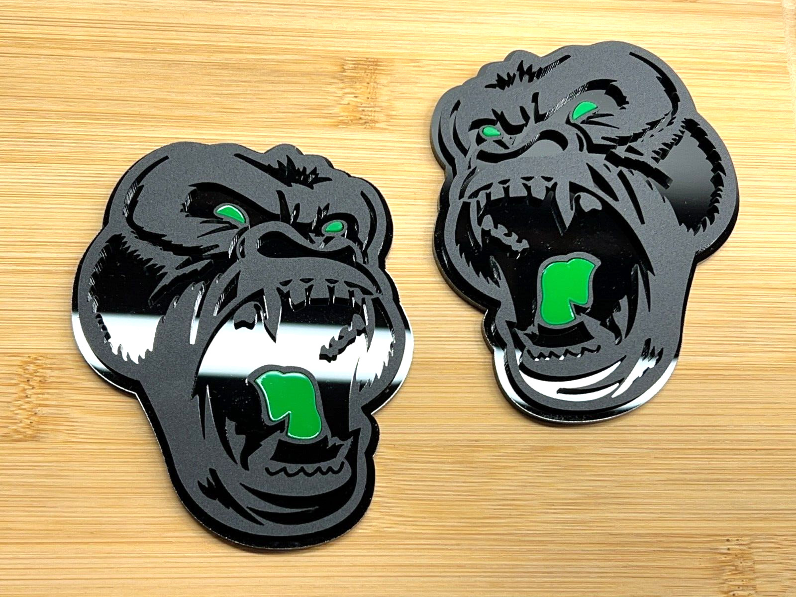 Angry Gorilla Green Eye Car Truck Emblem Badge Matte Black /Black Custom PK of 2