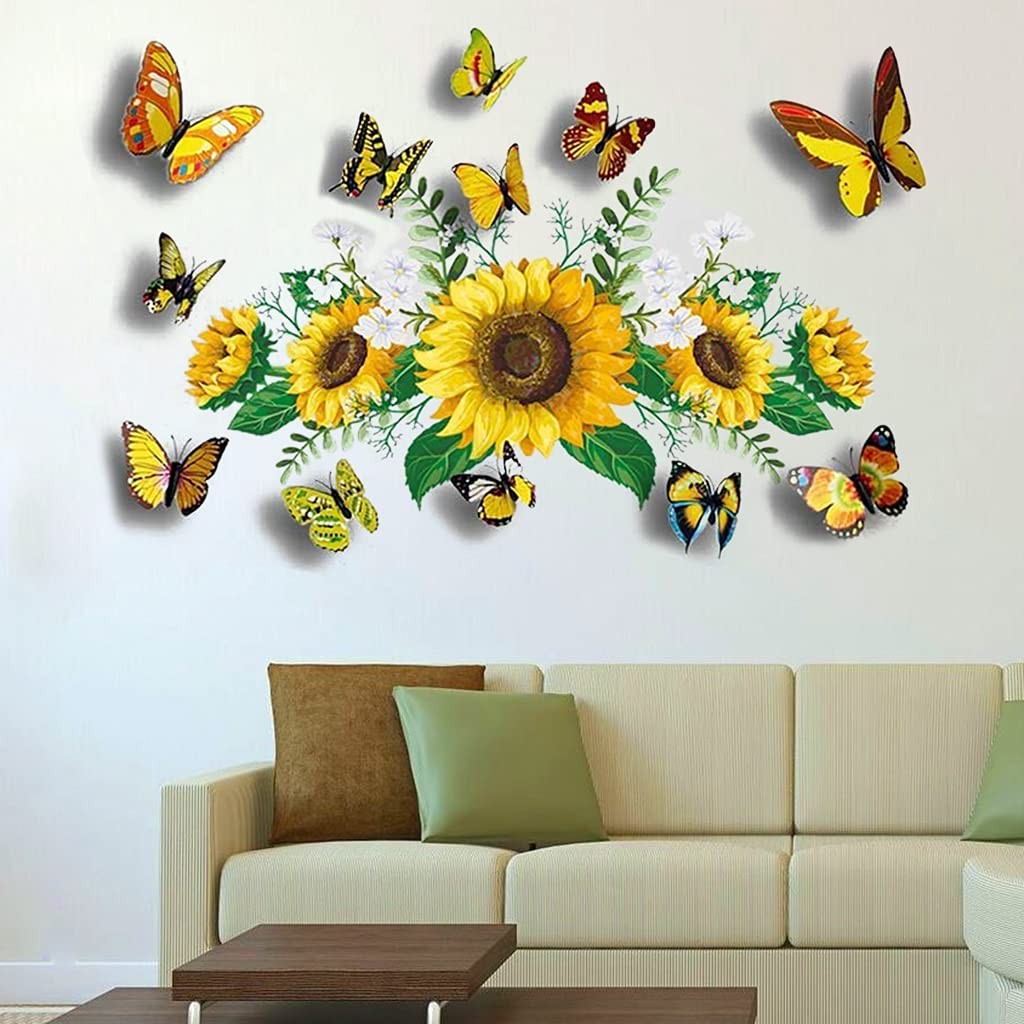 Sunflower Wall Stickers with 3D Butterfly Sticker, Yellow Sunflower-1