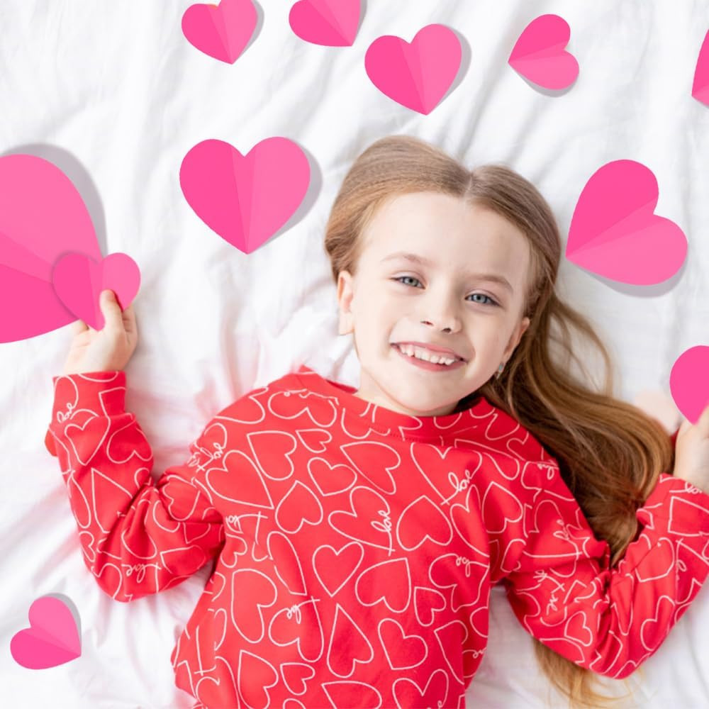 100 PCS 3D Pink Heart Valentine Day Wall Stickers,Waterproof Removable Love Hear