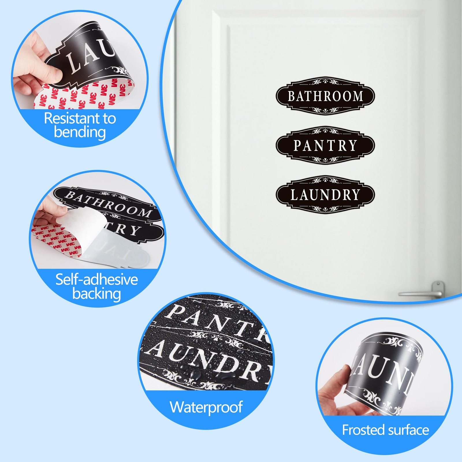 3PCS Bathroom/Laundry Room/Pantry Door Signs Sticker, Self-Adhesive