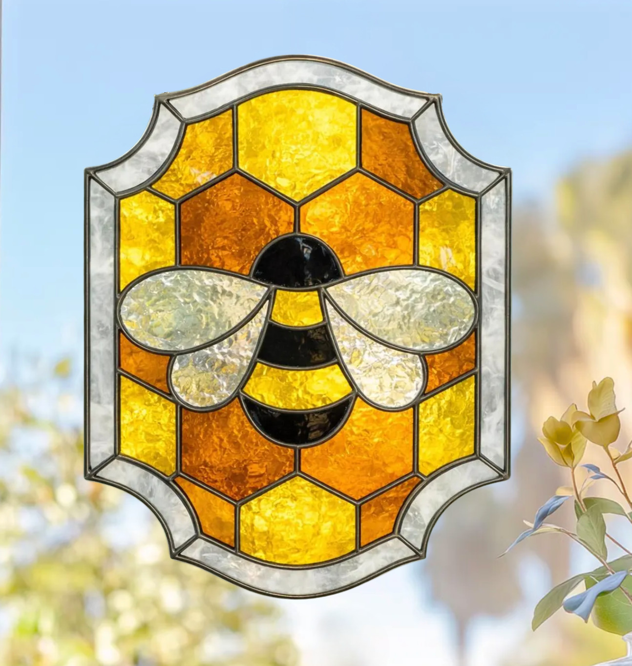Bee Honeycomb Faux Stained-Glass WINDOW CLING Size 10.2" Vinyl