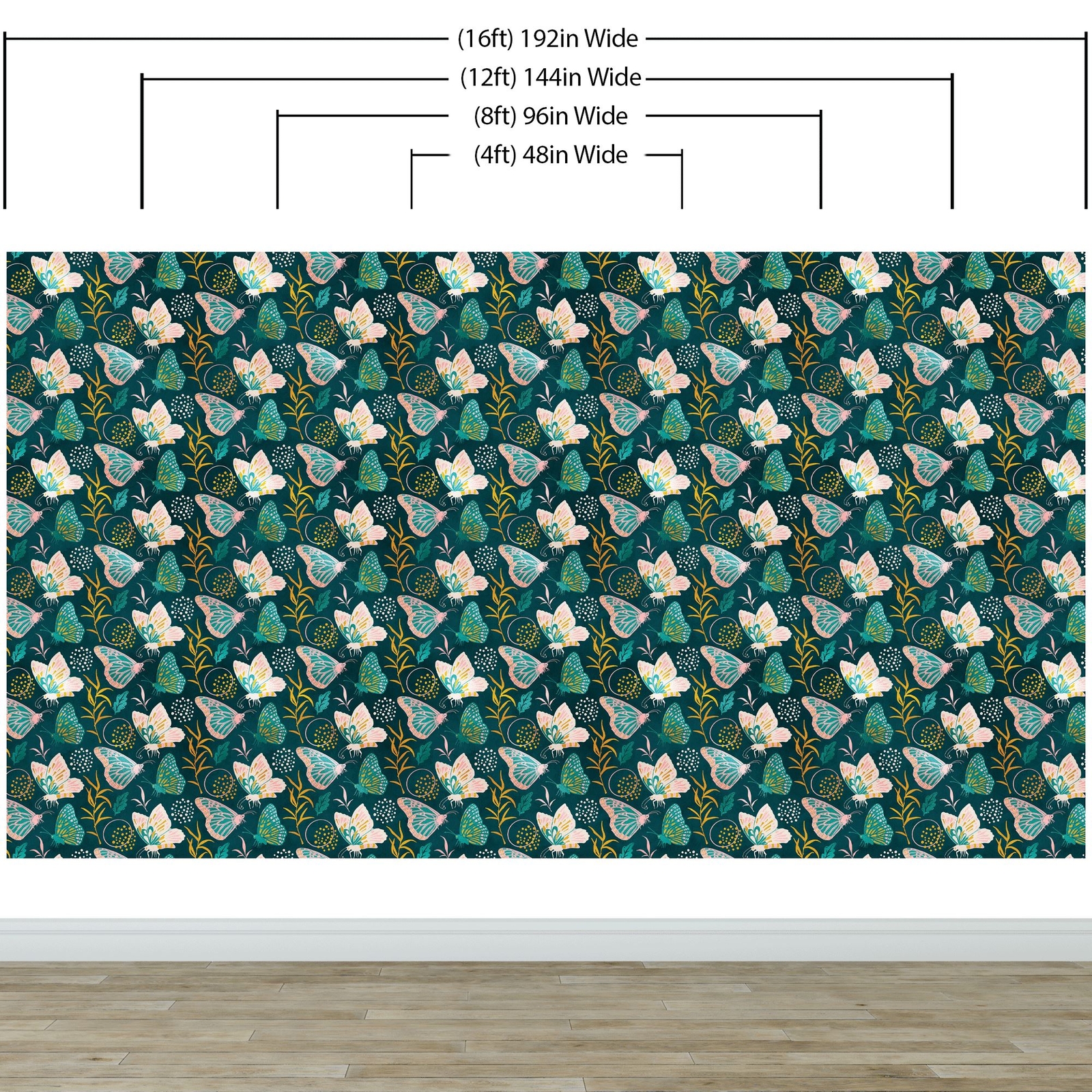 Butterfly Pattern Wall Mural. Retro Green and Gold Color Illustration Design. Be