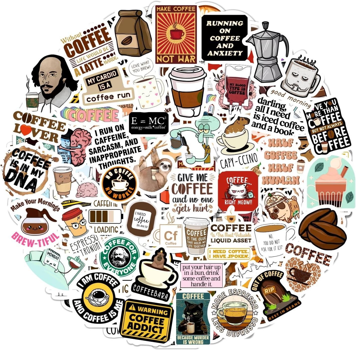 100Pcs Waterproof Funny Coffee Stickers – Ideal for Scrapbooking & Party Decor