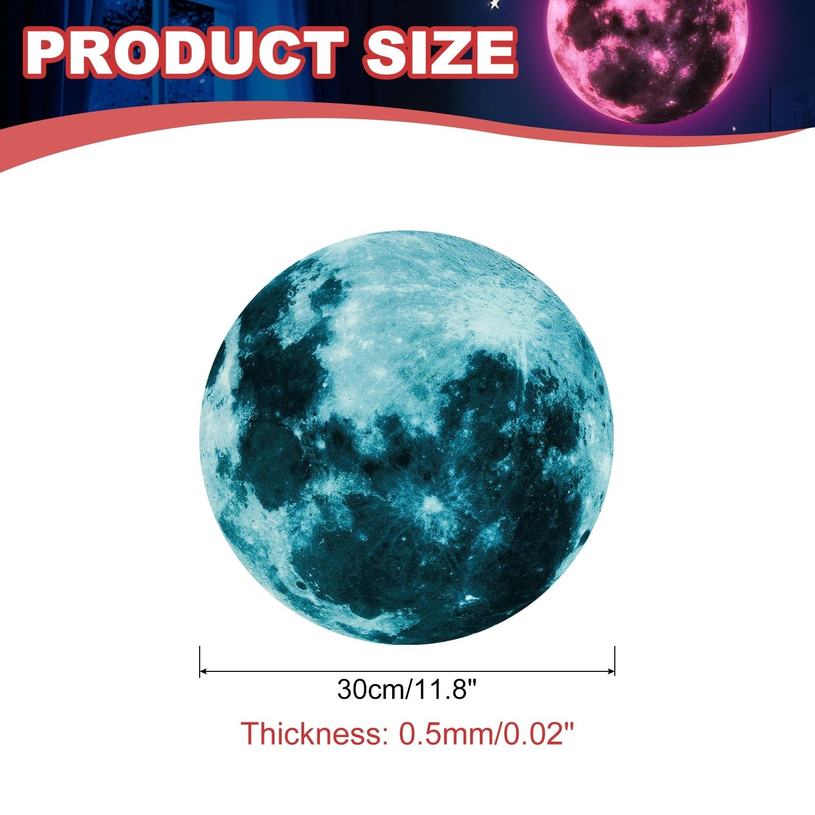 uxcell Glow in The Dark Moon Sticker for Ceiling, 30cm 30cm/11.8 inch, Blue