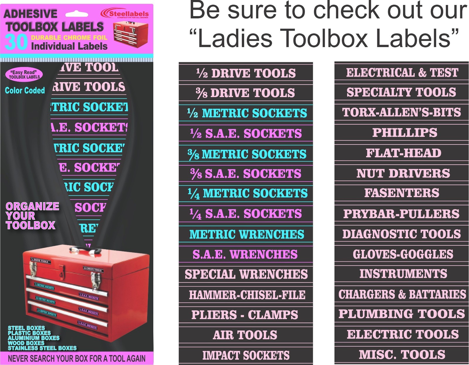 2 Chrome Socket Labels "Ladies Edition" Color Coded for "Easy Read" 60 stickers