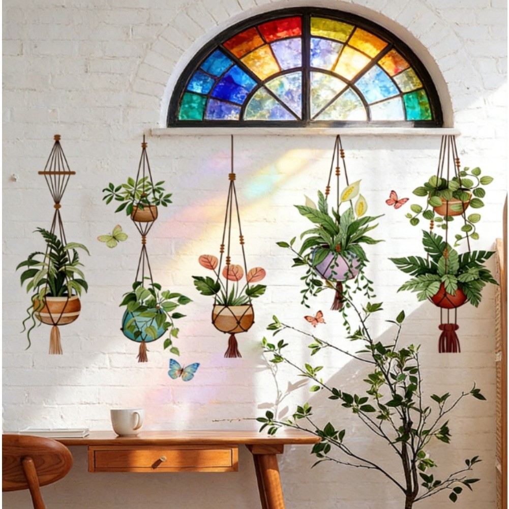 Window Stickers with Spring Potted Plant Design for Home Wall Decoration Green