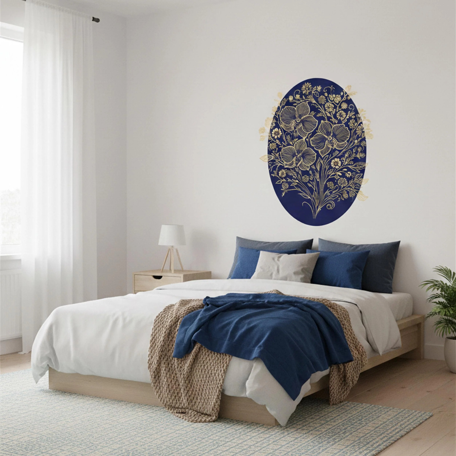 Gold Filigree Orchid Decal | Navy Blue Floral Mural
