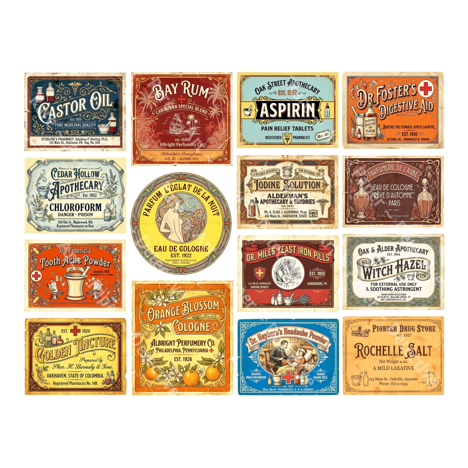 15 Vintage Apothecary Stickers for Medicine Cabinet Décor, Cut & Peel Sheet 1500