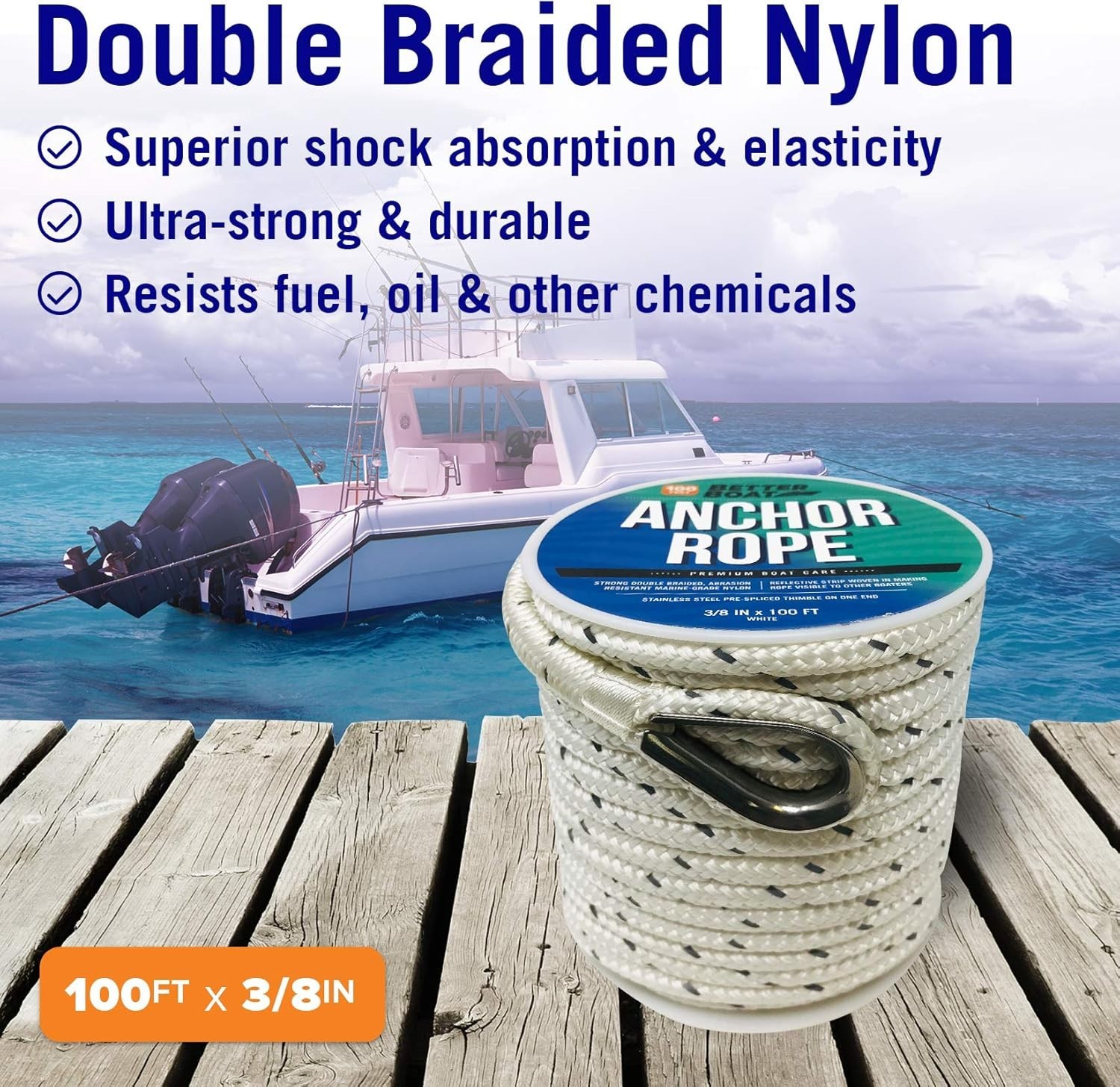 Premium Boat Anchor Rope, 100 Ft Double Braided Blue Nylon Marine Line, 3/8 Inch