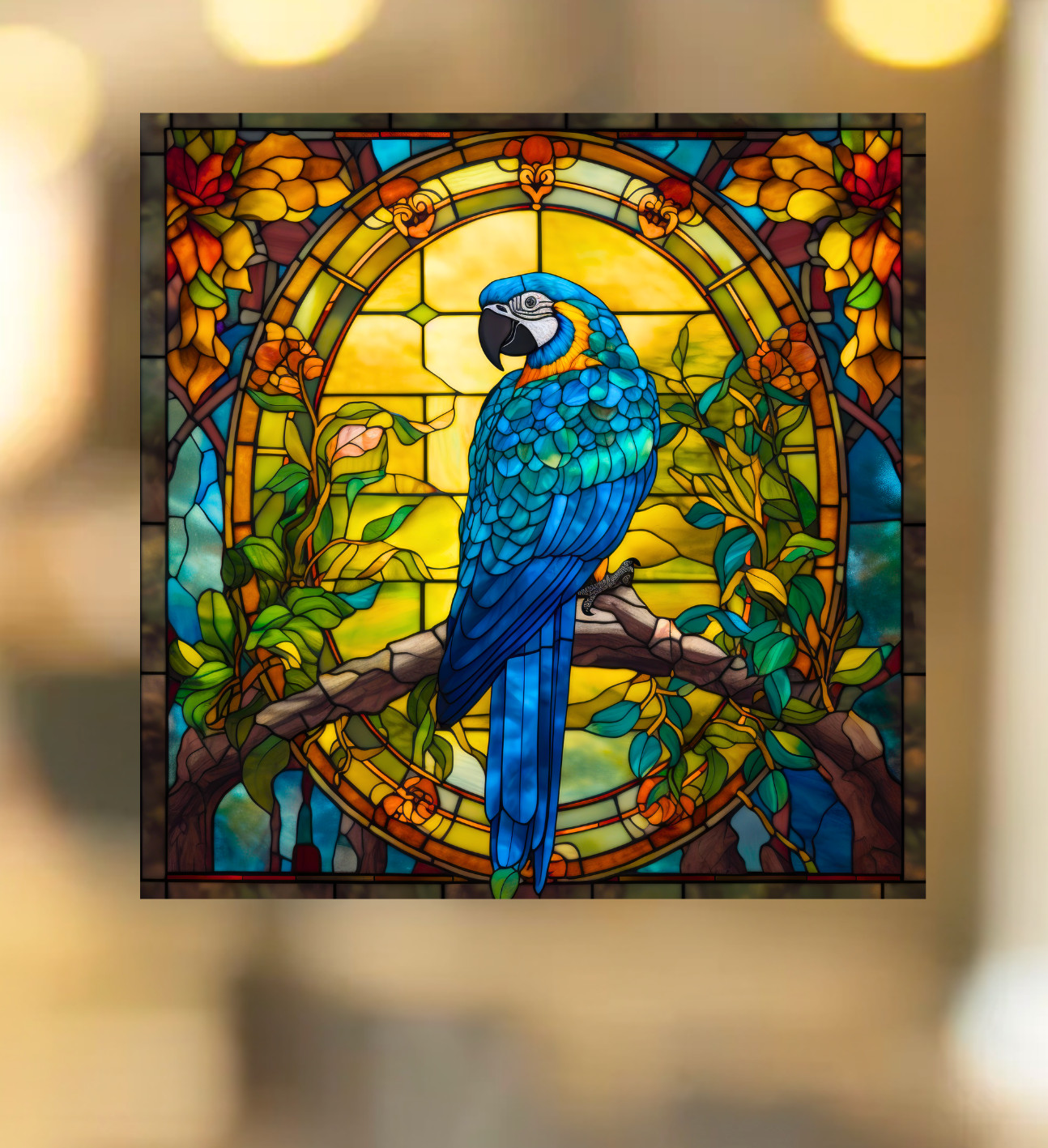 Blue Macaw Parrot Faux Stained-Glass WINDOW CLING Size 8" Square Vinyl
