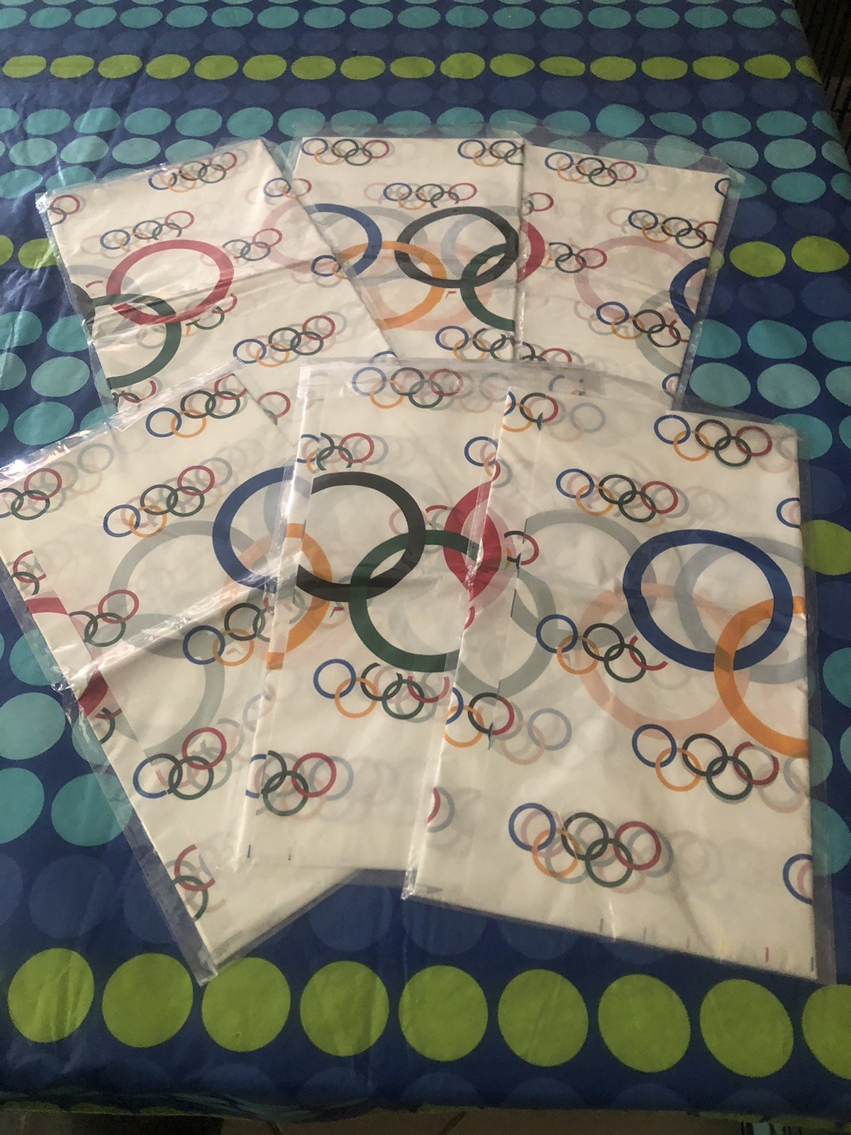 Lot Of 6 Plastic USA Olympic Rings Logo Table Cloths Brand New 52”x84”