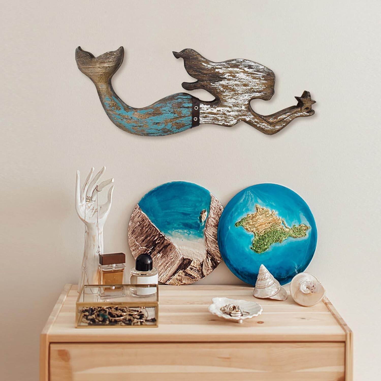 Nautical Decor Wood Hanging Mermaid Wall Art Coastal Decorations(B)