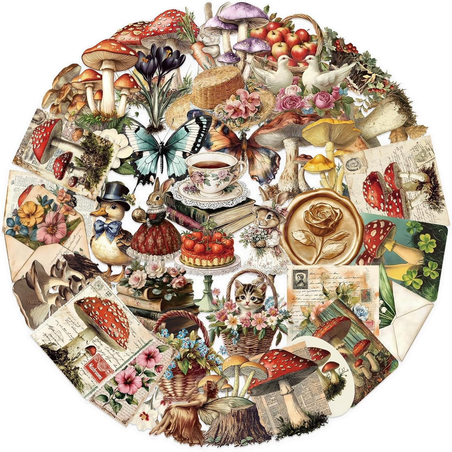 50PCS Vintage Mushroom Stickers PET Transparent Stickers Retro Flora and Fauna D