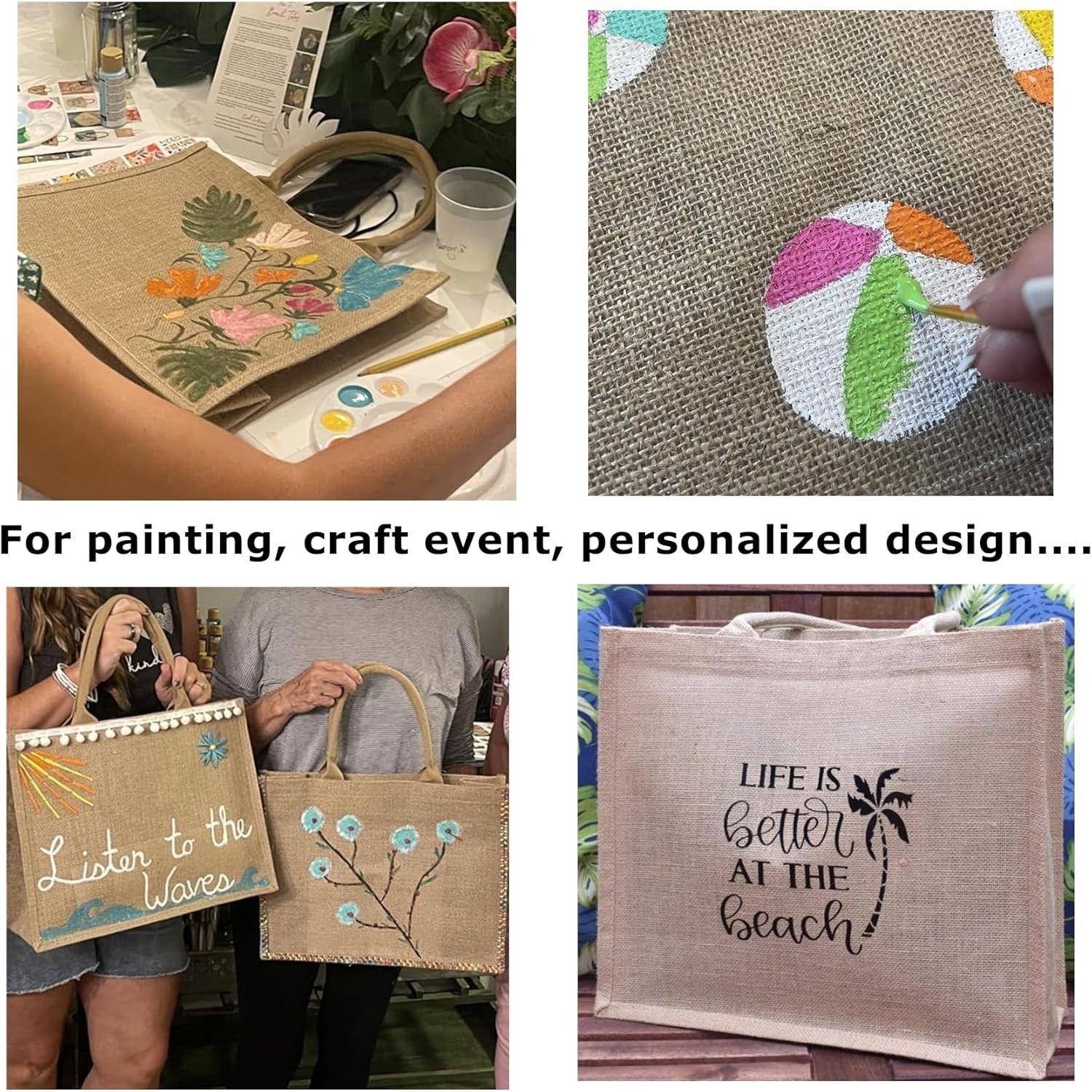 6 Pack Jute Tote Bag Reusable, Burlap Beach Bags with Sturdy Rounded Handles,…
