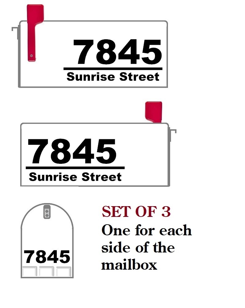 SET OF 3 CUSTOM PERSONALIZED VINYL MAILBOX NUMBERS STREET DECAL, (Model 4) ARIAL