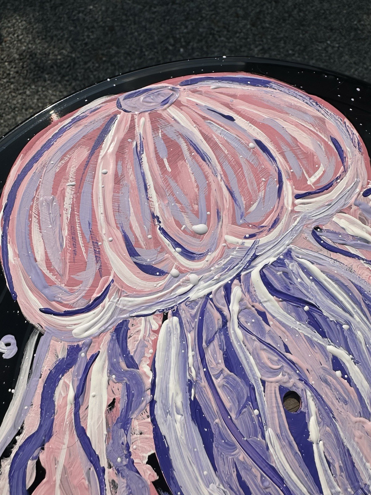 Painted upcycled vinyl record Black with Pink Purple White Jellyfish Design