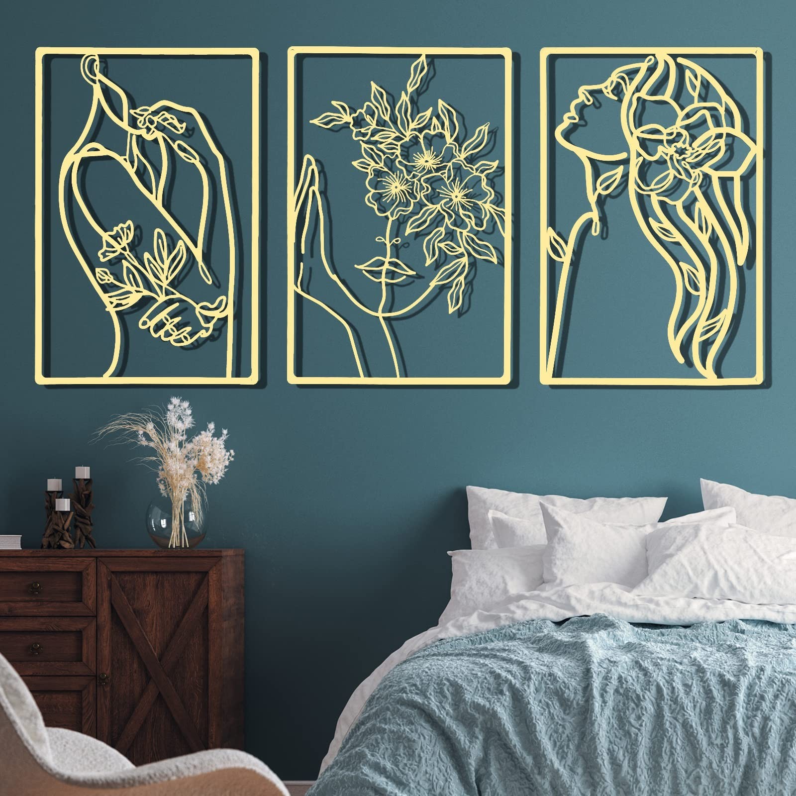 CHENGU 3 Pieces Gold Wall Decor Minimalist Wall Art Metal Line Wall Art Wall …