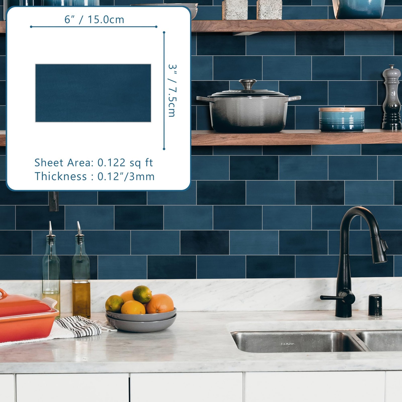 100-Sheet Subway Peel and Stick Backsplash Tile, 6" x 3" Blue Mixed Stone Com…