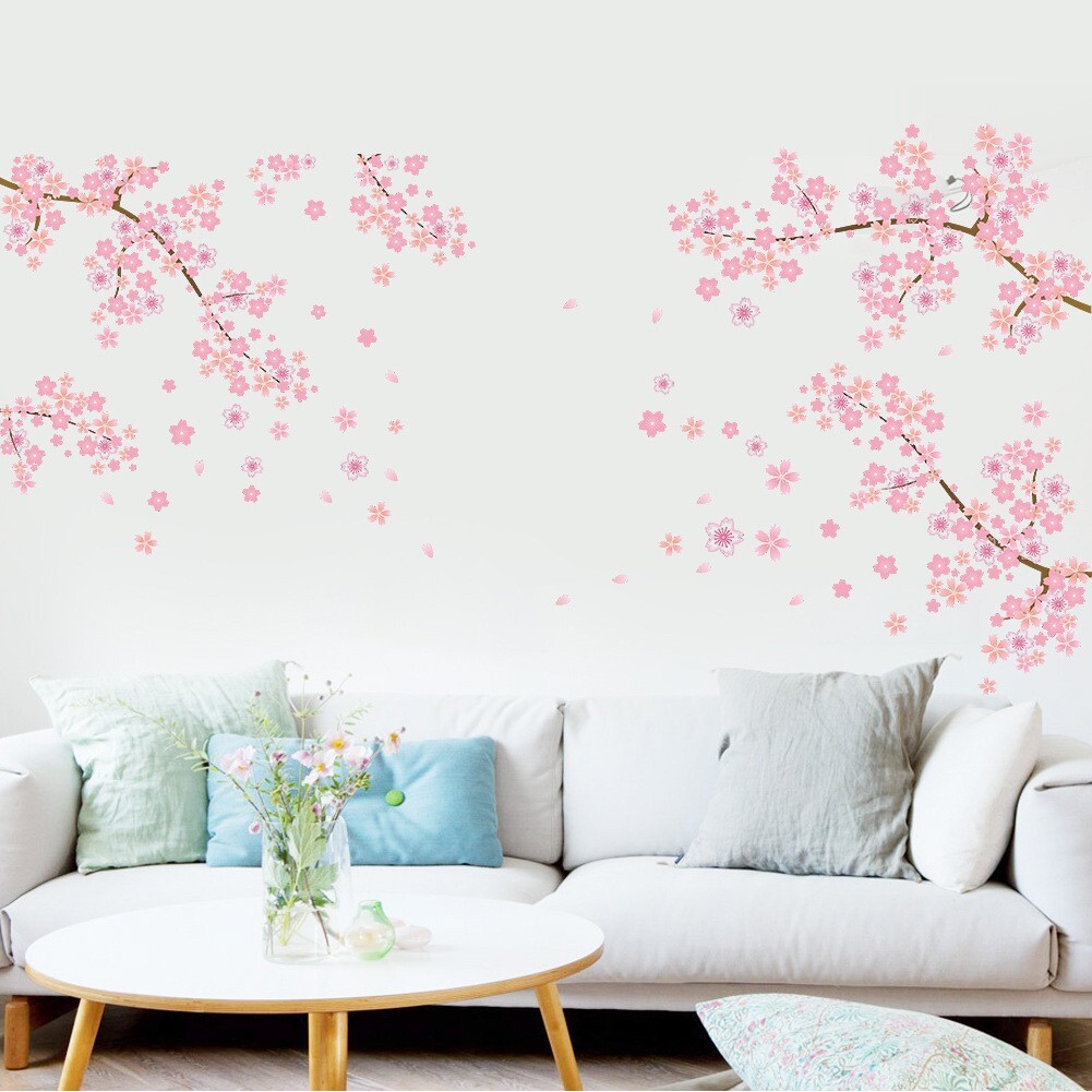 Pink Cherry Blossom Wall Stickers:DIY floral decals for a stunning sofa backdrop