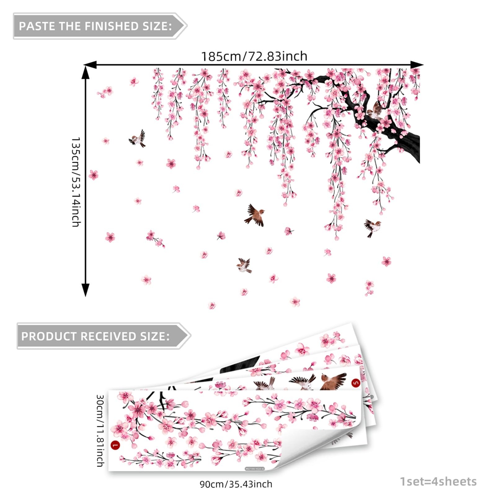 Lilac Wall Decoration Large Cherry Blossom Tree Wall Stickers, 4 Sheets Sprin…