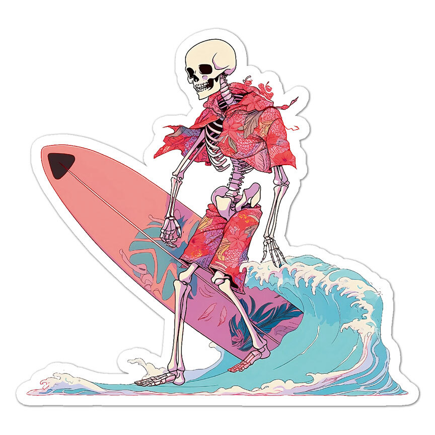 Surf Wave Skeleton, Vinyl Decal Sticker, Indoor Outdoor, 3 Sizes, #9117