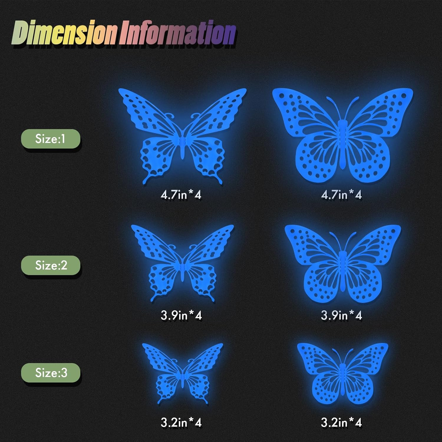 Glow in The Dark 3D Butterfly 24 Pcs 3 Sizes, Luminous Butterfly Stickers for…