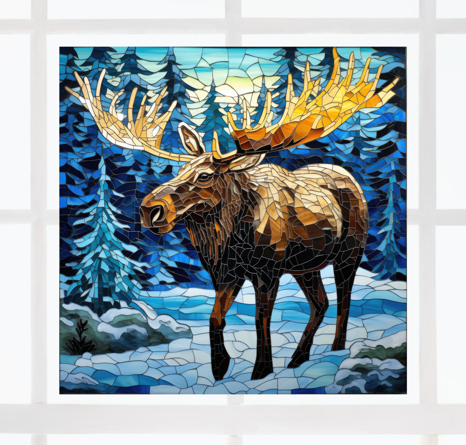Winter Moose in Mosaic Style WINDOW CLING Sun-catcher Size 8" Square Vinyl
