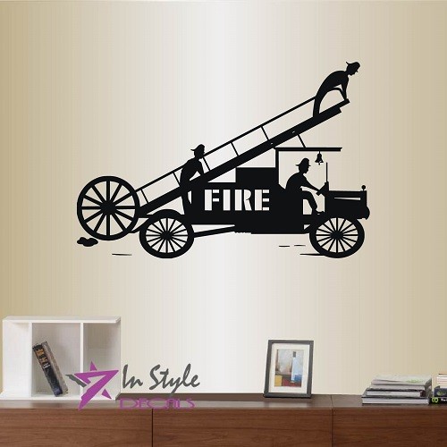 Vinyl Decal Vintage Fire Truck Firefighter Car Kids Boys Room Wall Sticker 2078