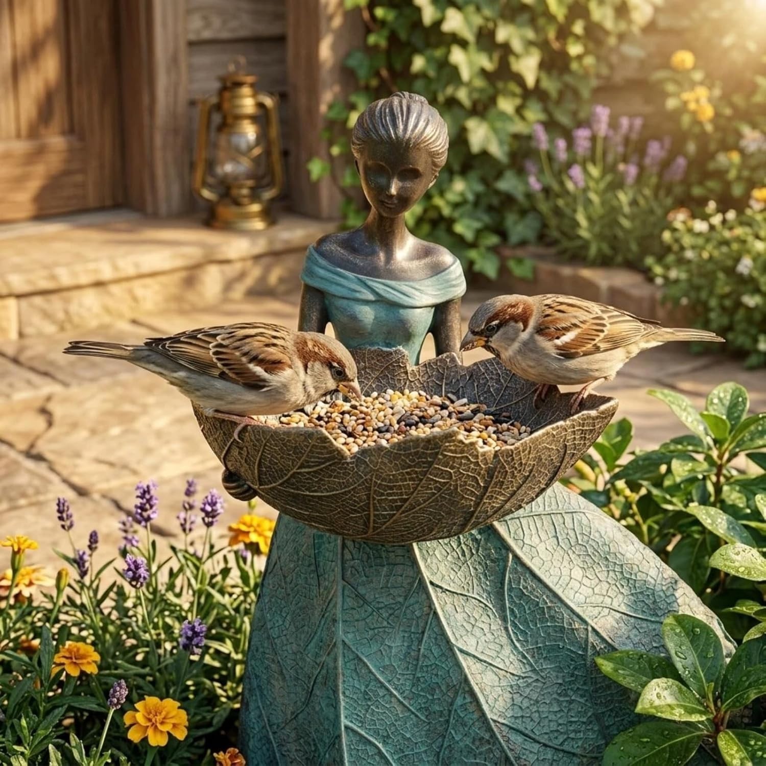 Fairy Garden Statues Bird Feeder – 12 Inch Resin Outdoor Fairy Statue for Garden