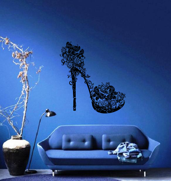 Wall Stickers Vinyl Decal High Heel Shoes with Butterflies and Swirls (EM385)