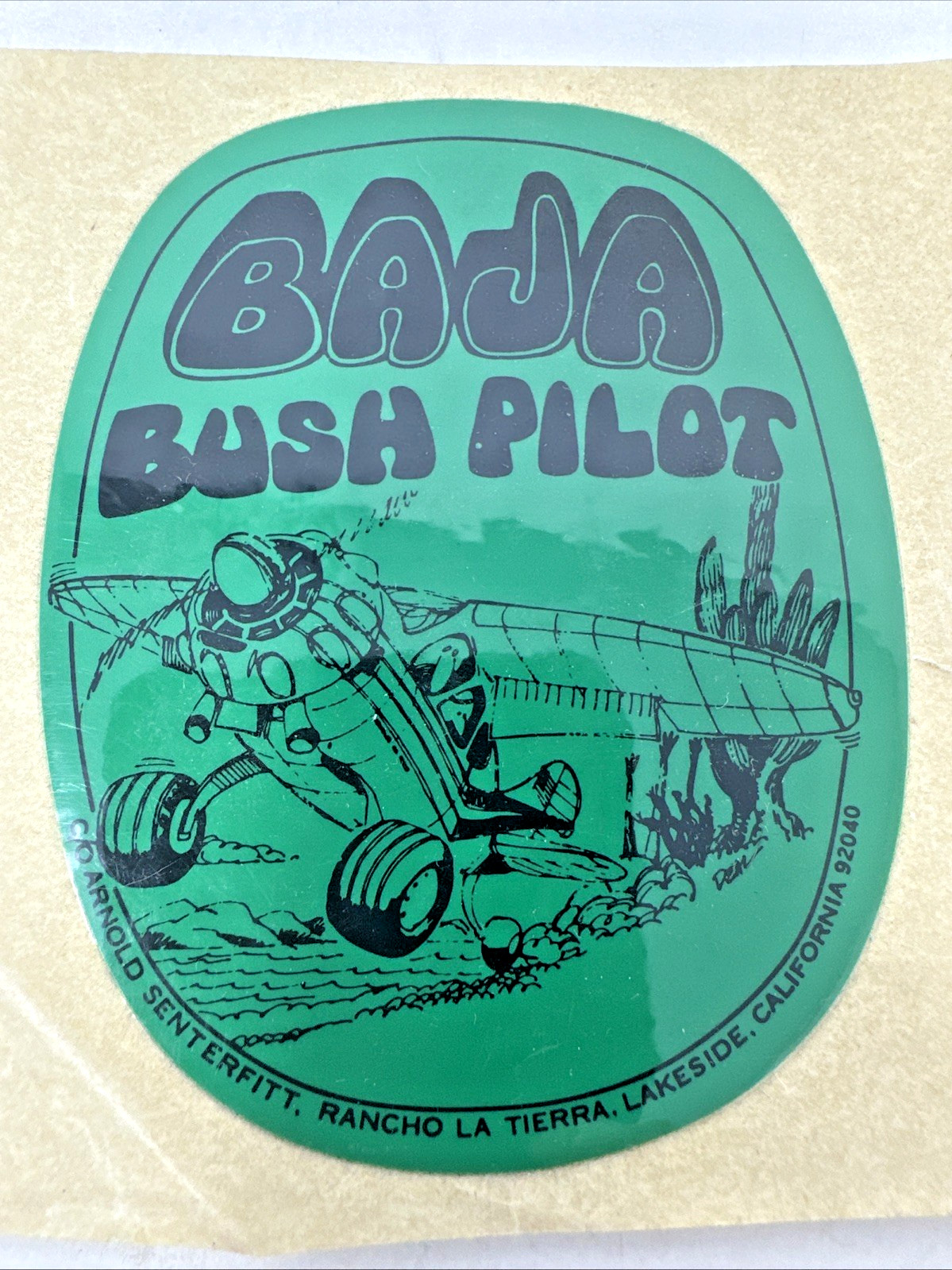 Vtg Baja Bush Pilot Green Sticker Decal Arnold Senterfitt Airplane 3 5/8" Rare