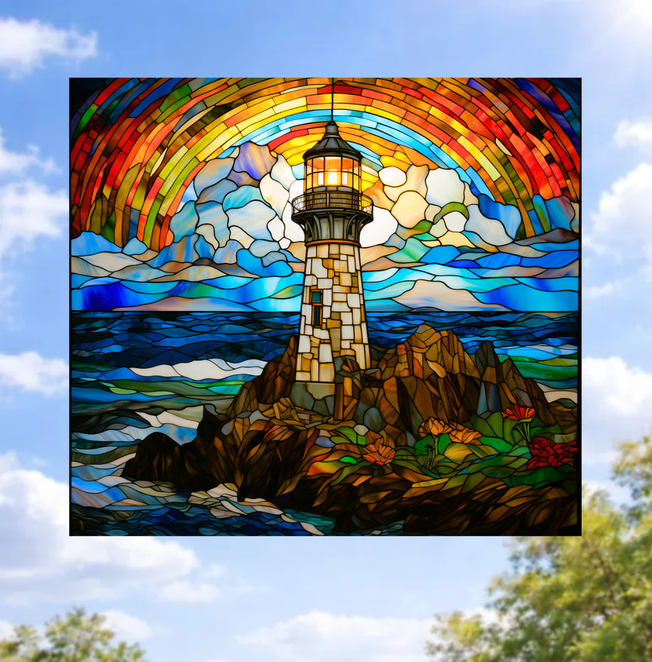 Lighthouse Faux Stained-Glass WINDOW CLING Size 9.1" Repositionable Vinyl