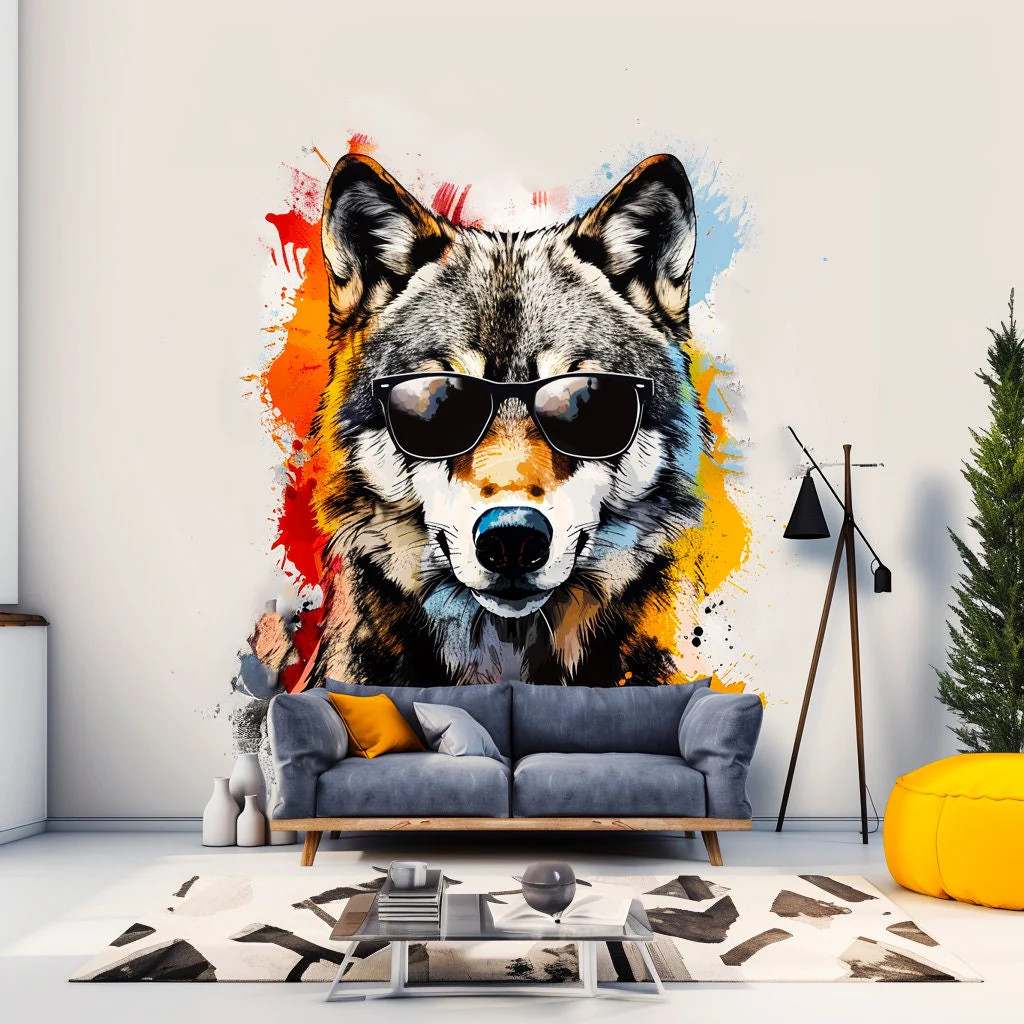 Colorful Wolf Wall Sticker Decals with Sunglasses – Modern Wolf Art Decal –