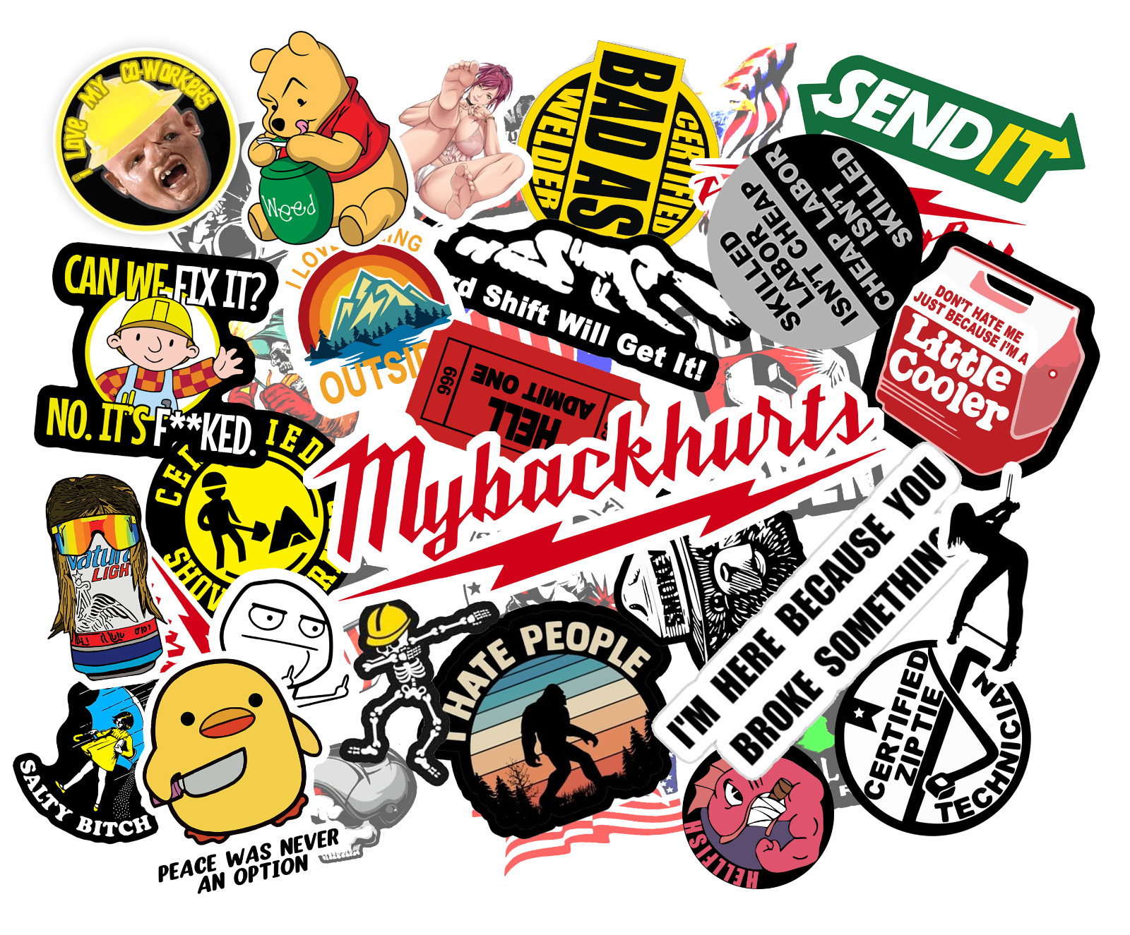 Funny Hard Hat Stickers (25 pack) Most Popular Tool Box joke decals