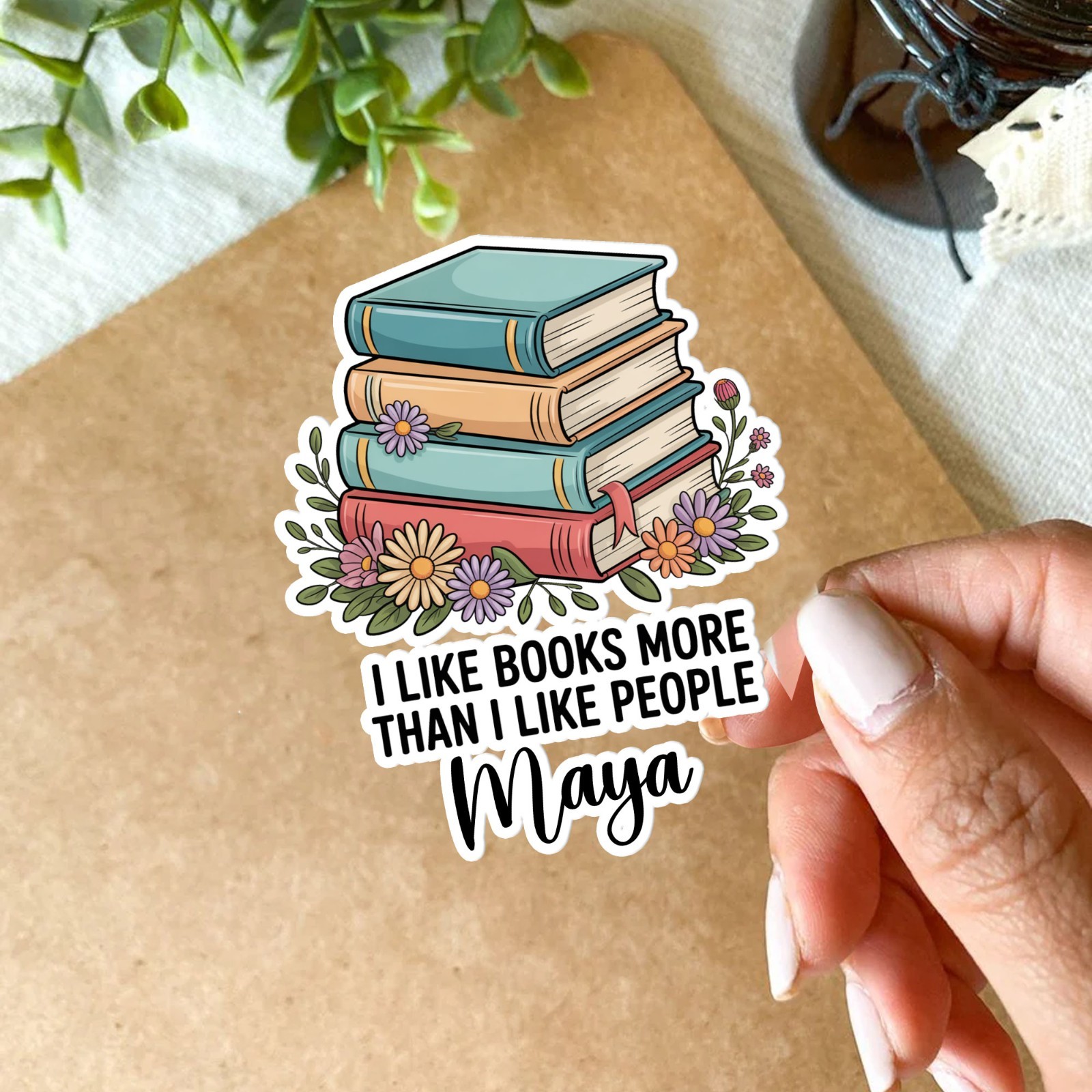 Custom Name I Like Books Floral Sticker, Waterproof Vinyl Decal For Book Lovers
