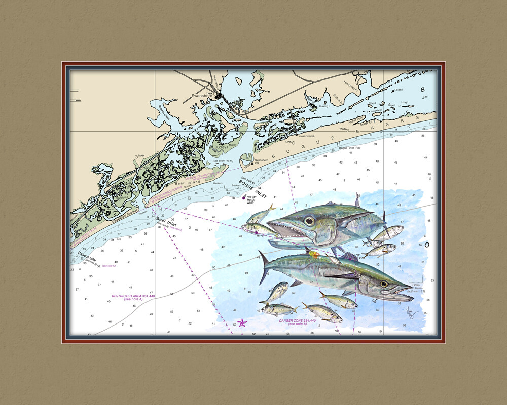 Bogue Inlet, NC and King Mackerel Nautical Chart High Quality Canvas Print
