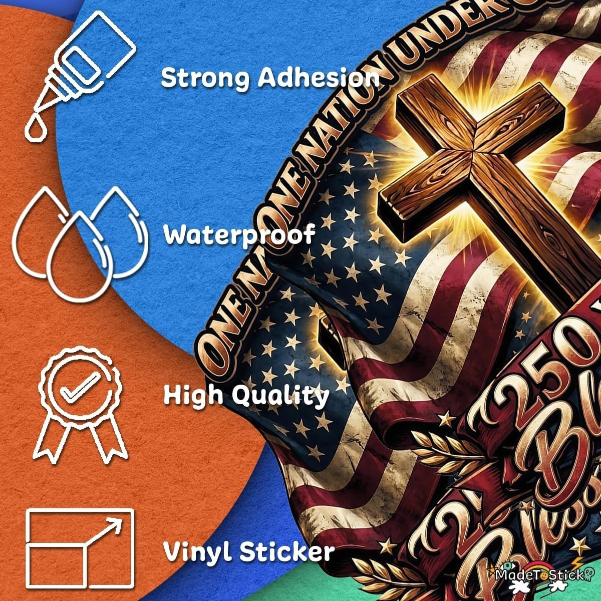 2-Pack One Nation Under God USA Flag Christian Cross Sticker Decal 5"x5"