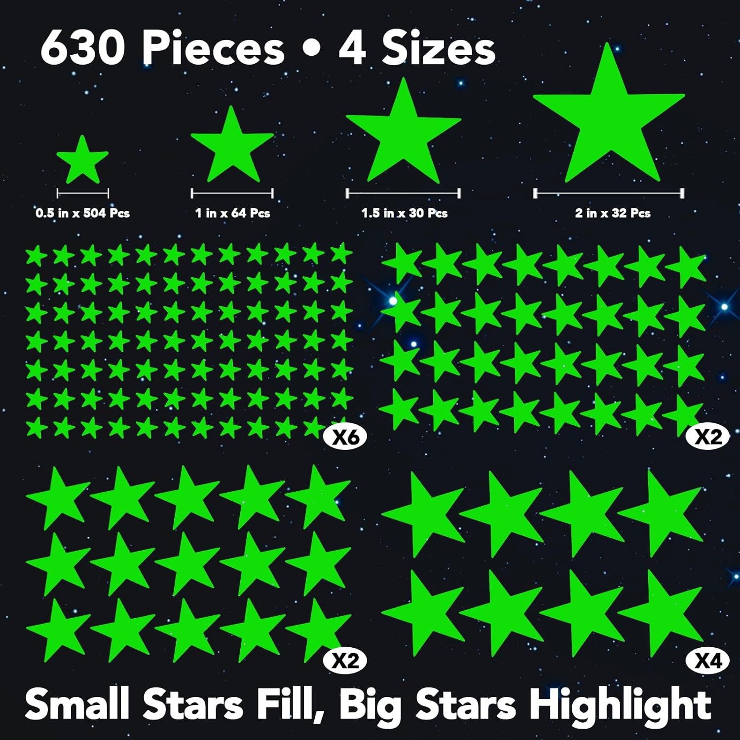 Glow in The Dark Star Stickers – 630 Pieces (4 Sizes) – Luminous Ceiling & Wa…