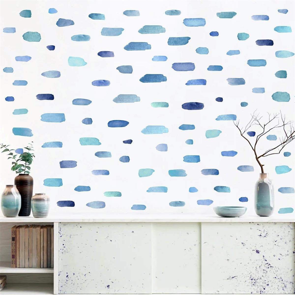 Boho Watercolor Wall Stickers – Removable Blue Stripes Decals for Kids' Room, Nu
