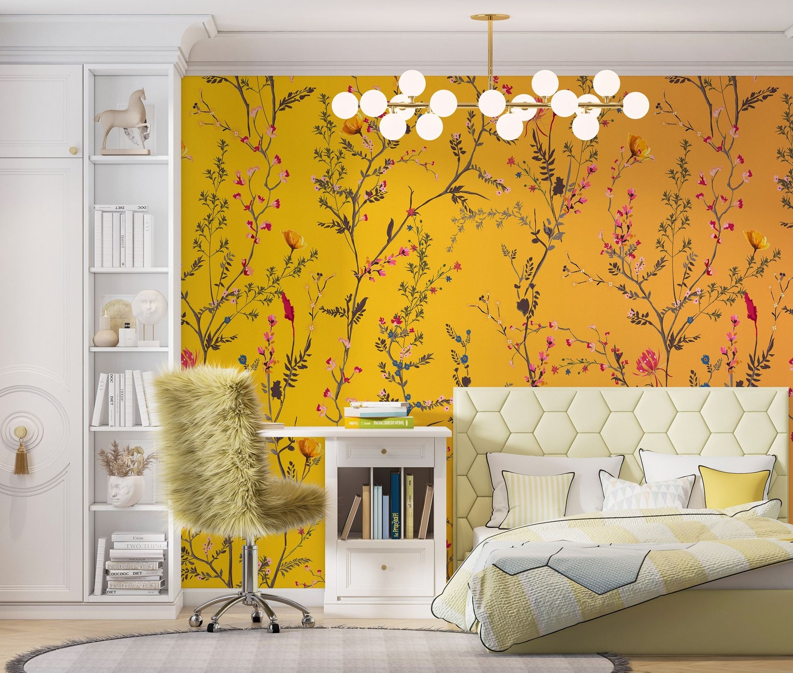 Botanical Flower Garden With Yellow Orange Background Wall Mural. Blossom Flower