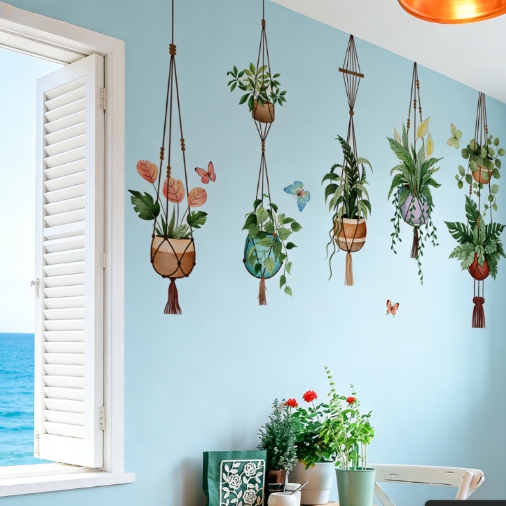 Window Stickers with Spring Potted Plant Design for Home Wall Decoration Green