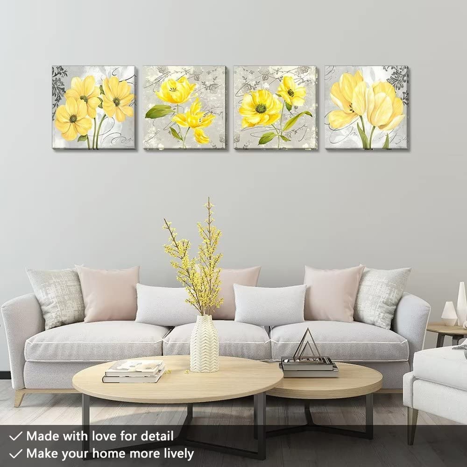 Yellow Wall Art Bedroom 4 Piece Grey Flower Pictures Kitchen Gray Floral Canv…