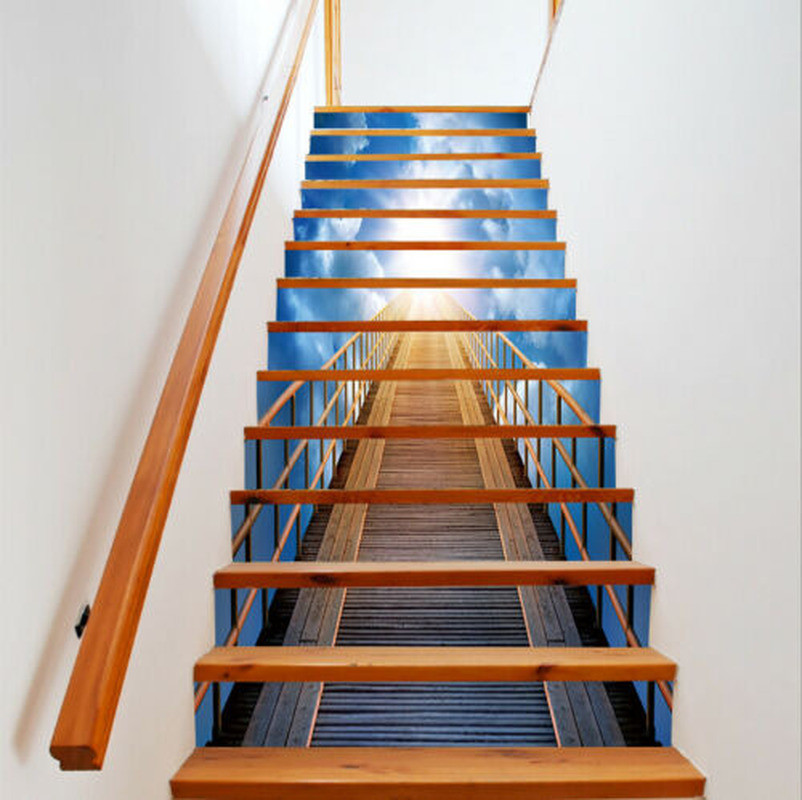 13pcs 3D Blue Sky Ladder Self-adhesive Stickers Stair Riser Decal Home Decor New