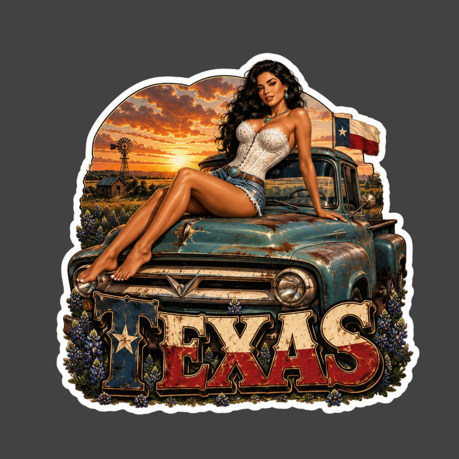 Texas Sticker Vinyl Decal Brunette Cowgirl White Corset Vintage Truck Pinup