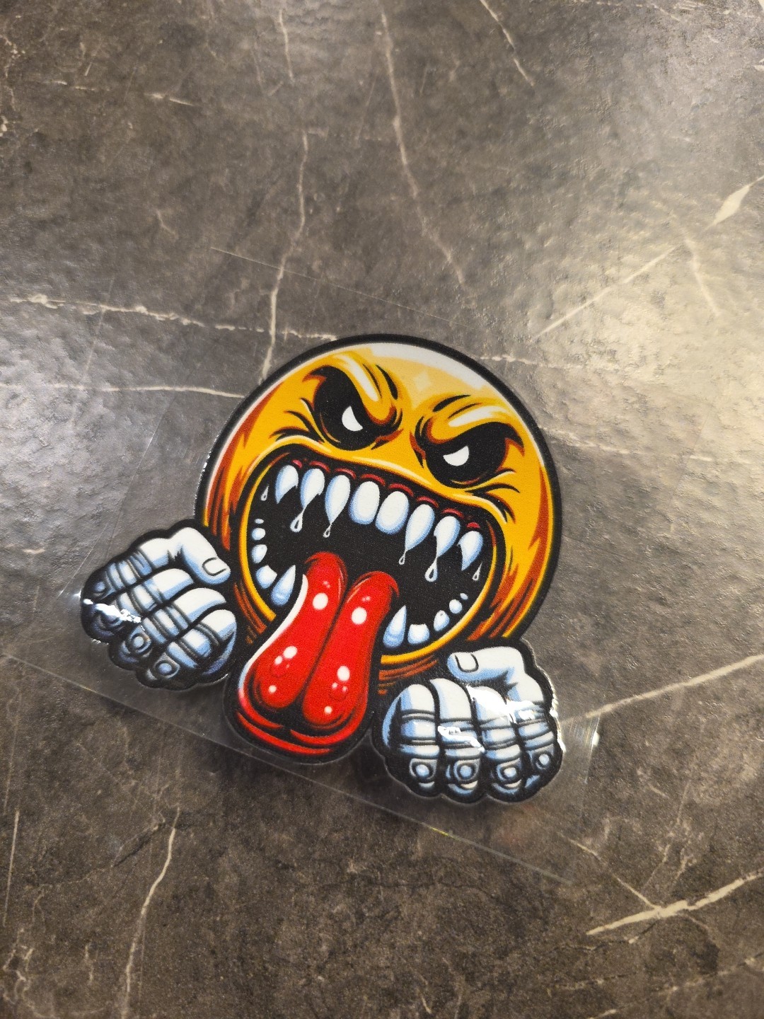 Excited Evil Smiley Face Tongue Out Fangs UVDTF Raised Decal Sticker Waterproof