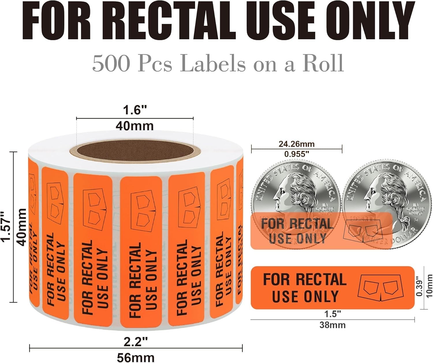 Fluorescent Red Rectal Use Only Stickers 1.5 Inch by 0.375 Inch 500 Labels Roll