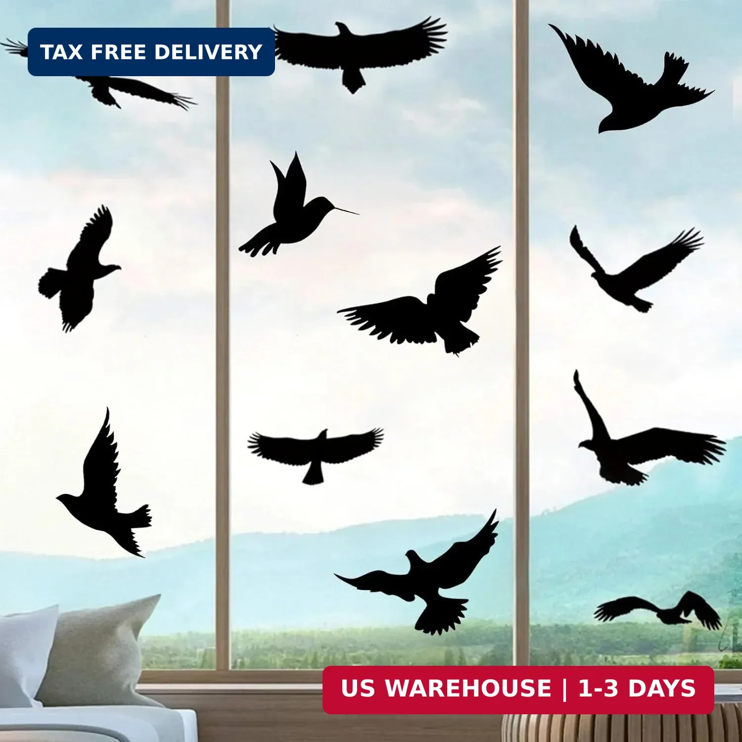 Anti-Collision Large Black Bird Shape Window Clings – Prevent Bird Strikes Save