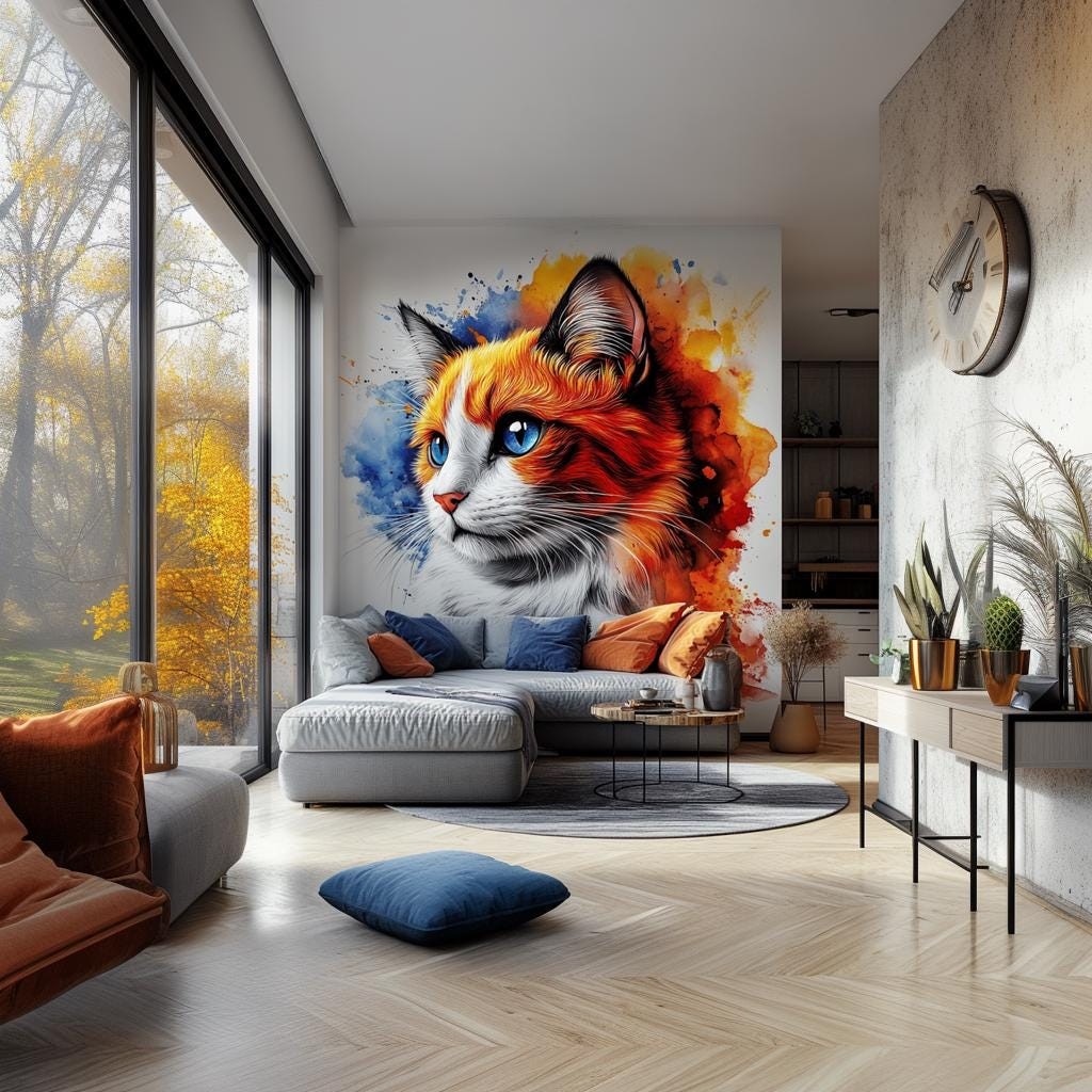 Cat Wall Decal | Blue Eyed Ginger Cat Watercolor Sticker