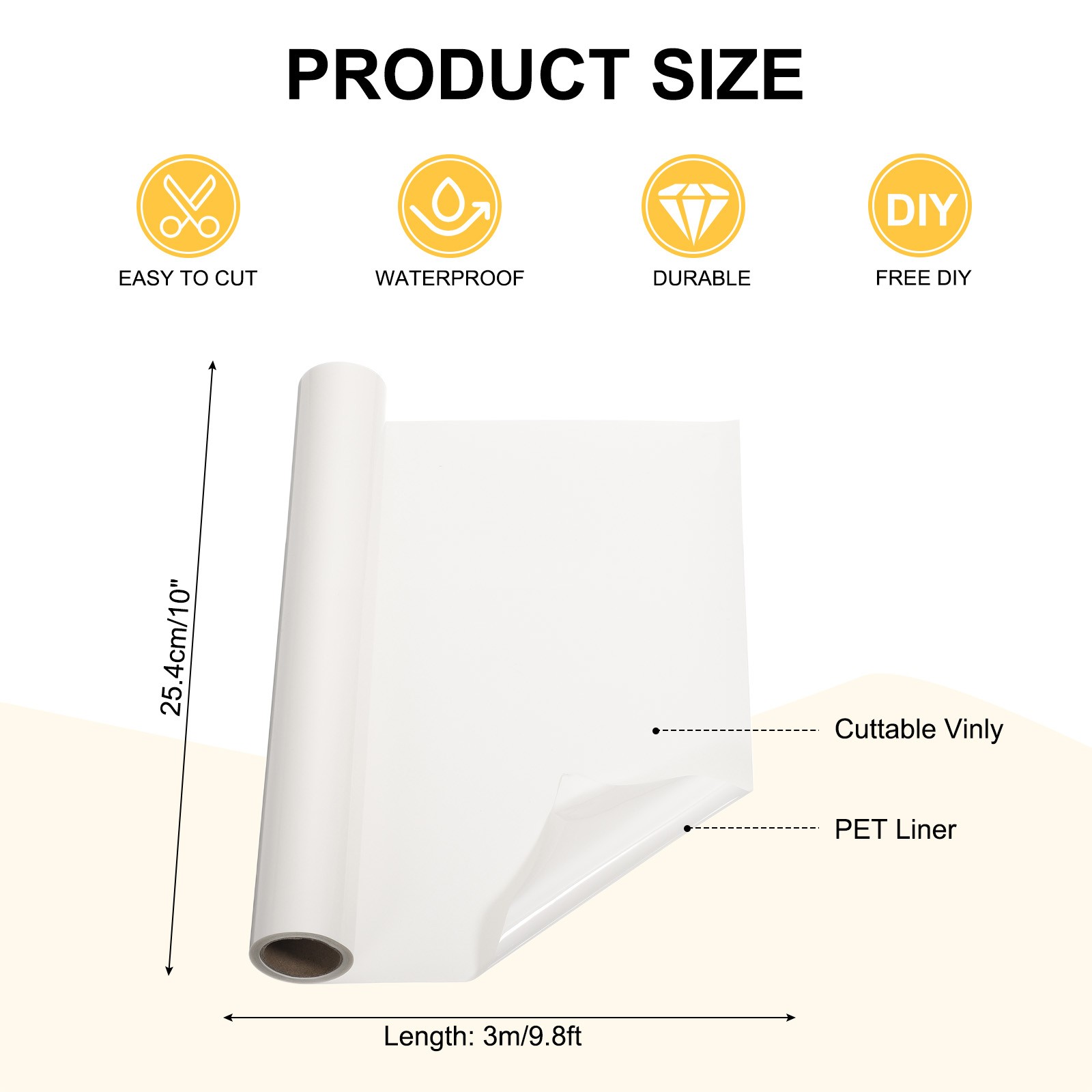 White Permanent Vinyl, 10 Inch x 9.8ft Vinyl Roll